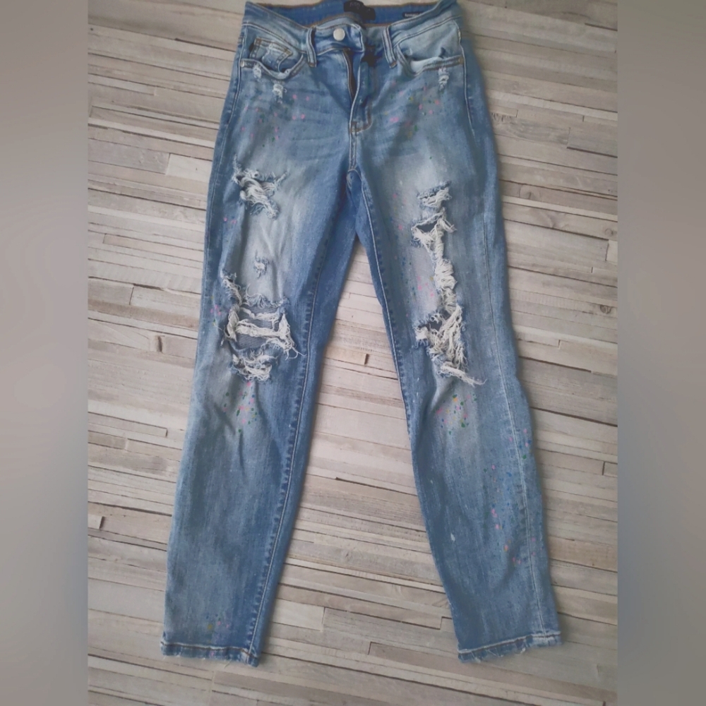 Judy Blue Stretch Jeans 3/26 Distressed Destroyed Boyfriend Fit Colorful Spatter